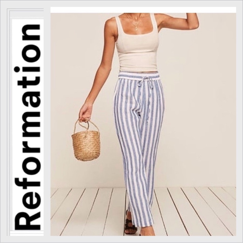 Reformation Pull On Drawstring Linen Striped Pant… - image 1